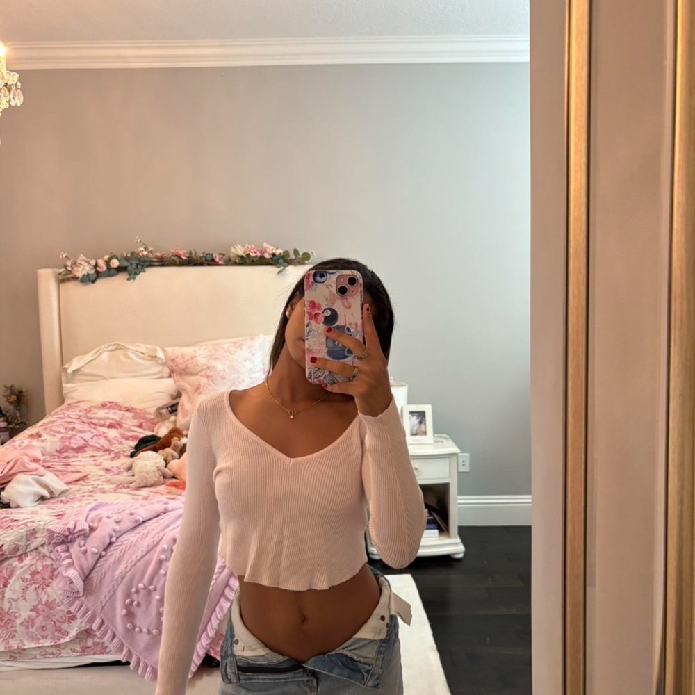 La Hearts Pink Ribbed Crop Blouse